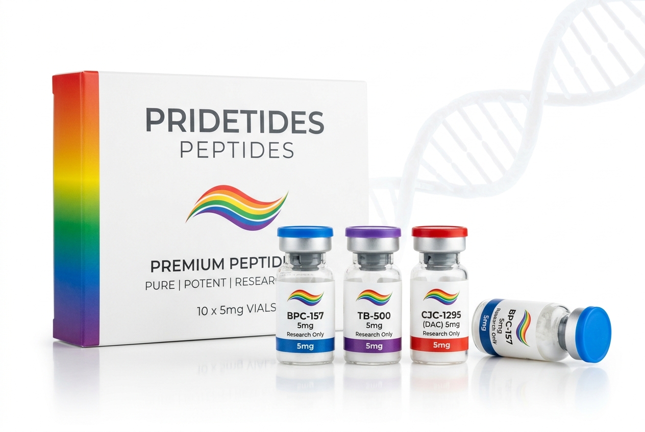 PrideTides Peptides product box with BPC-157, TB-500, and CJC-1295 vials